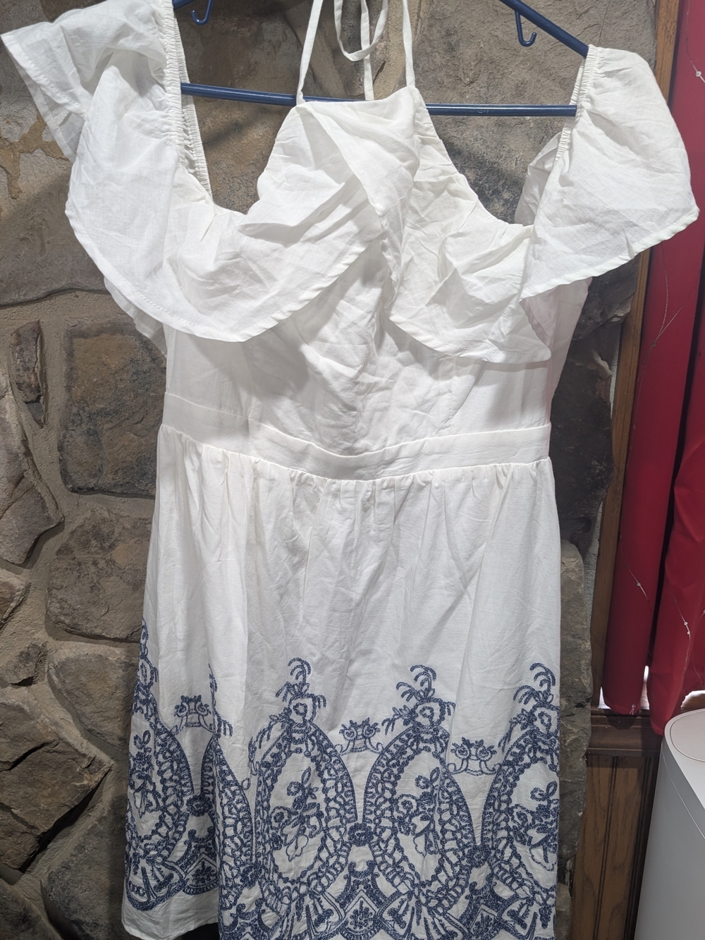 Polagram White Mini Dress with Navy Border Embroidery